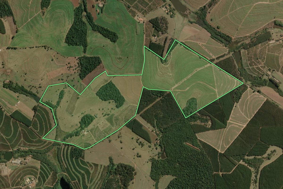 Imagem de satélite do imóvel rural em Torrinha (SP), com o contorno declarado no CAR desenhado por cima.