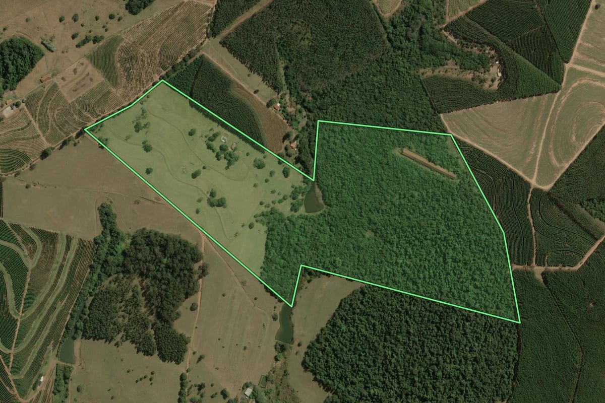 Imagem de satélite do imóvel rural em Torrinha (SP), com o contorno declarado no CAR desenhado por cima.
