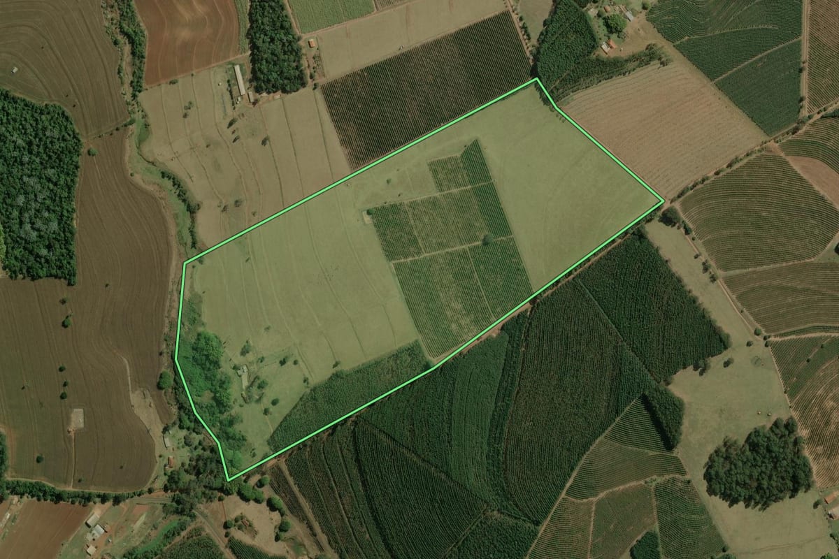 Imagem de satélite do imóvel rural em Torrinha (SP), com o contorno declarado no CAR desenhado por cima.