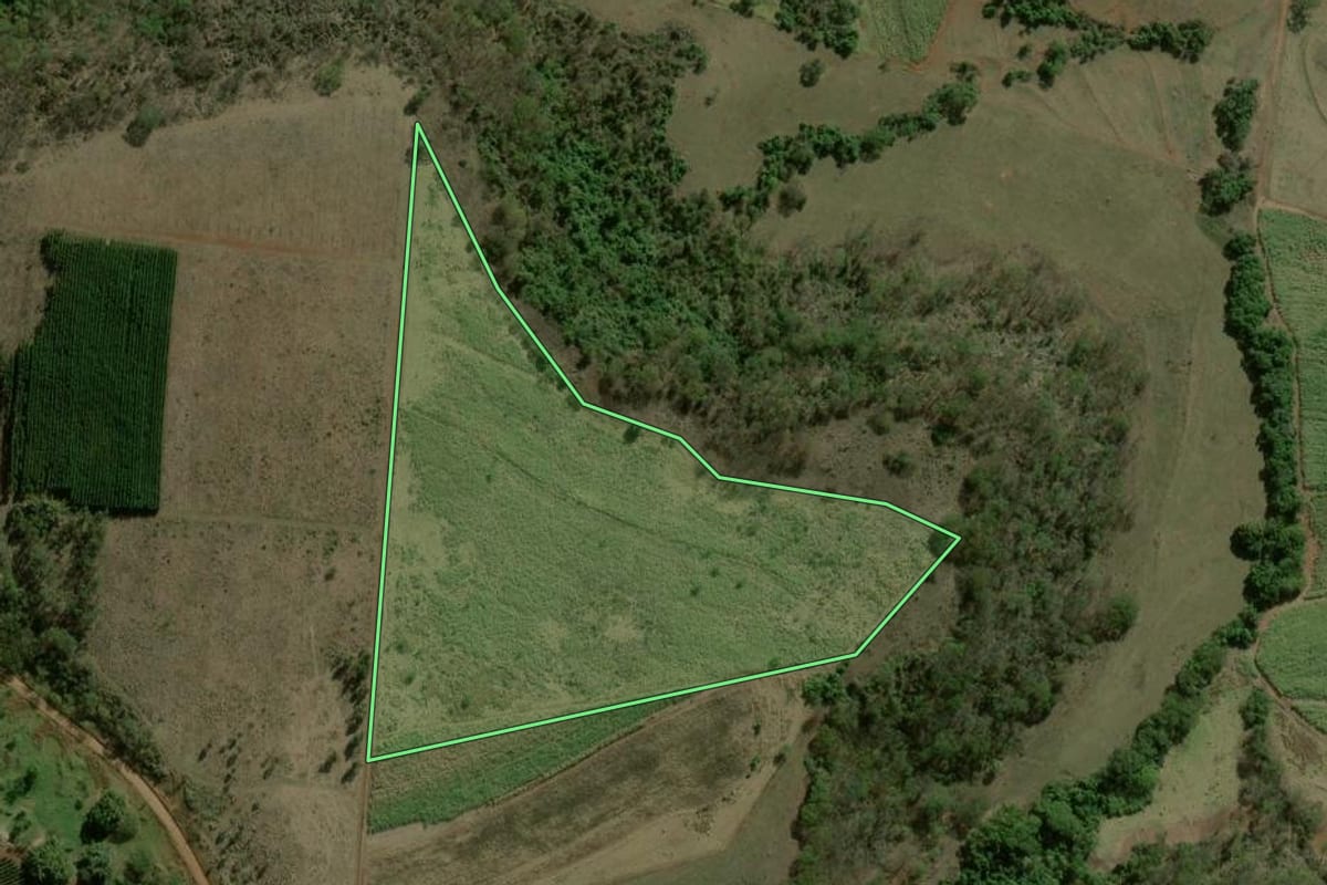 Imagem de satélite do imóvel rural em Trabiju (SP), com o contorno declarado no CAR desenhado por cima.