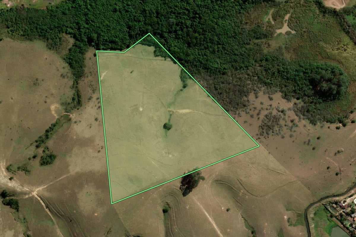 Imagem de satélite do imóvel rural em Tremembé (SP), com o contorno declarado no CAR desenhado por cima.