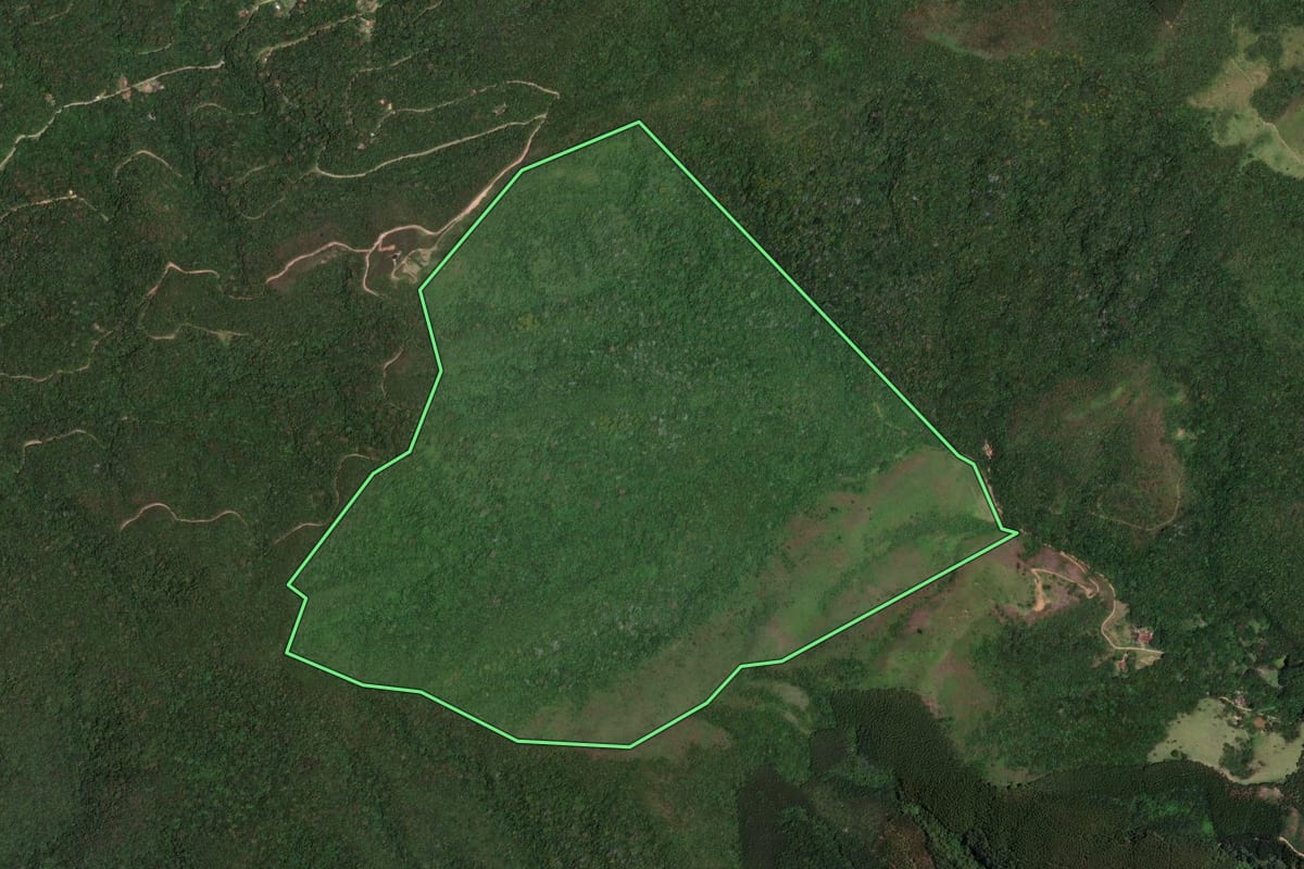 Imagem de satélite do imóvel rural em Tremembé (SP), com o contorno declarado no CAR desenhado por cima.