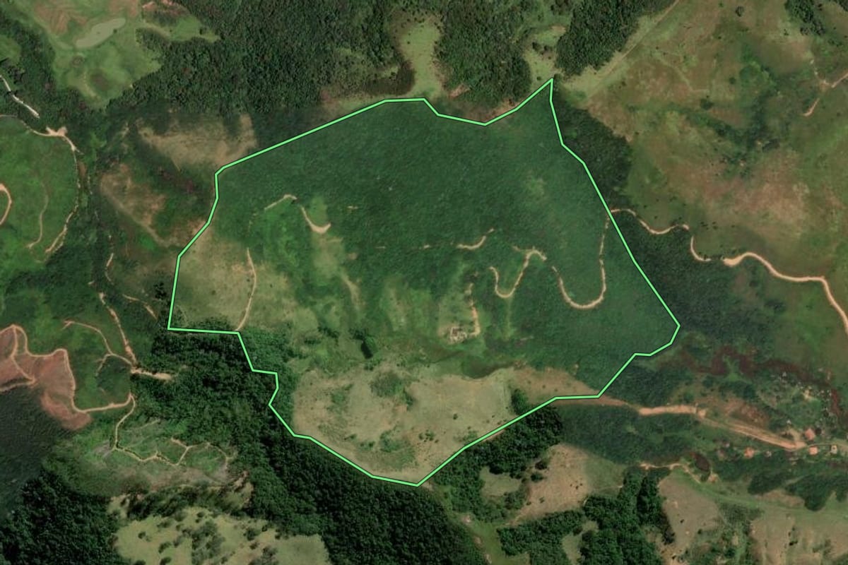 Imagem de satélite do imóvel rural em Tremembé (SP), com o contorno declarado no CAR desenhado por cima.