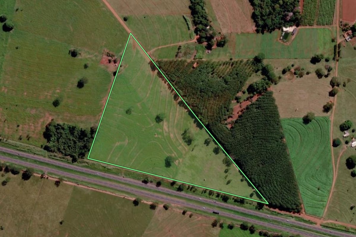 Imagem de satélite do imóvel rural em Três Fronteiras (SP), com o contorno declarado no CAR desenhado por cima.