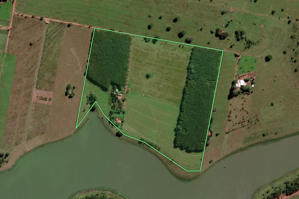 Imagem de satélite do imóvel rural em Três Fronteiras (SP), com o contorno declarado no CAR desenhado por cima.