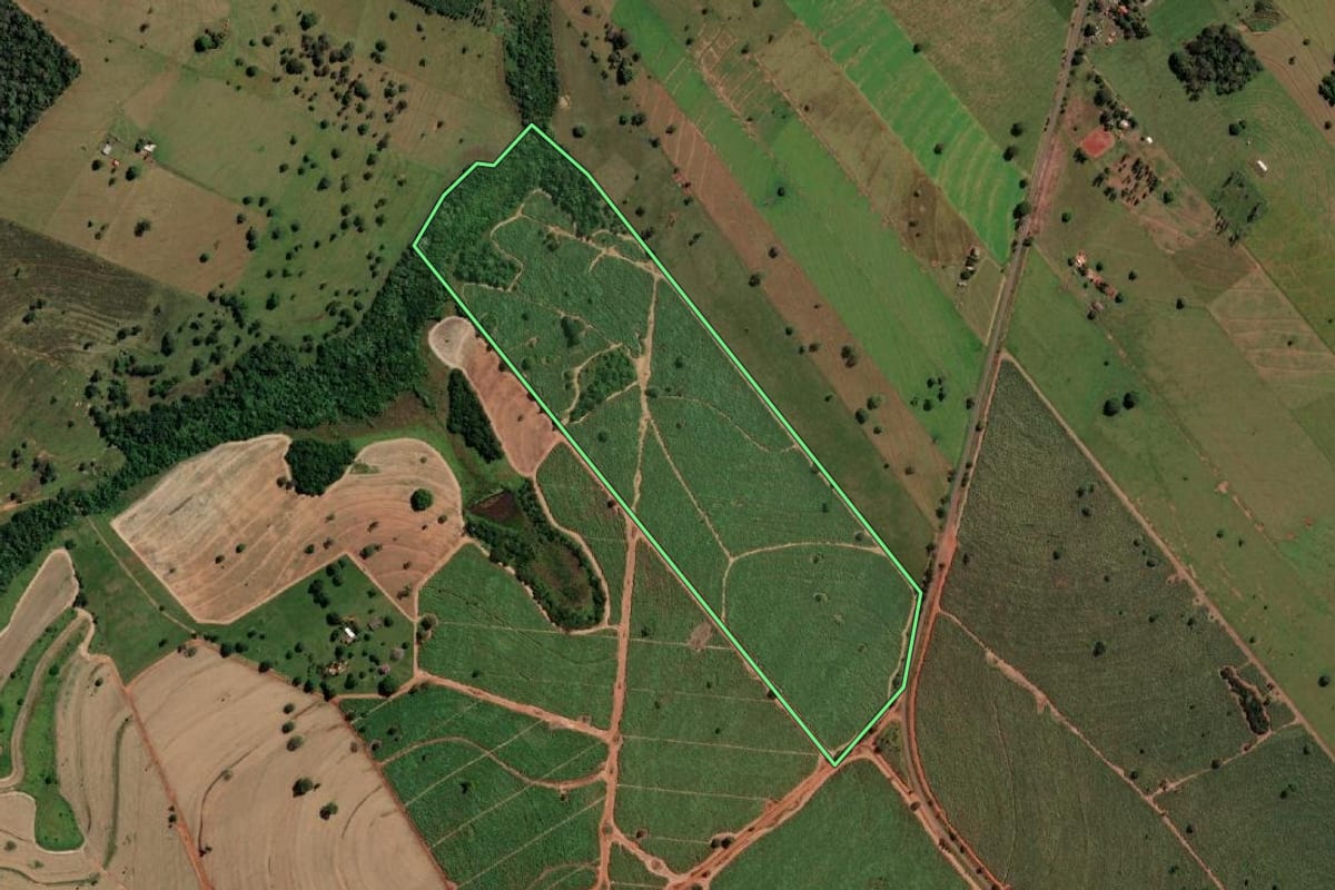 Imagem de satélite do imóvel rural em Três Fronteiras (SP), com o contorno declarado no CAR desenhado por cima.