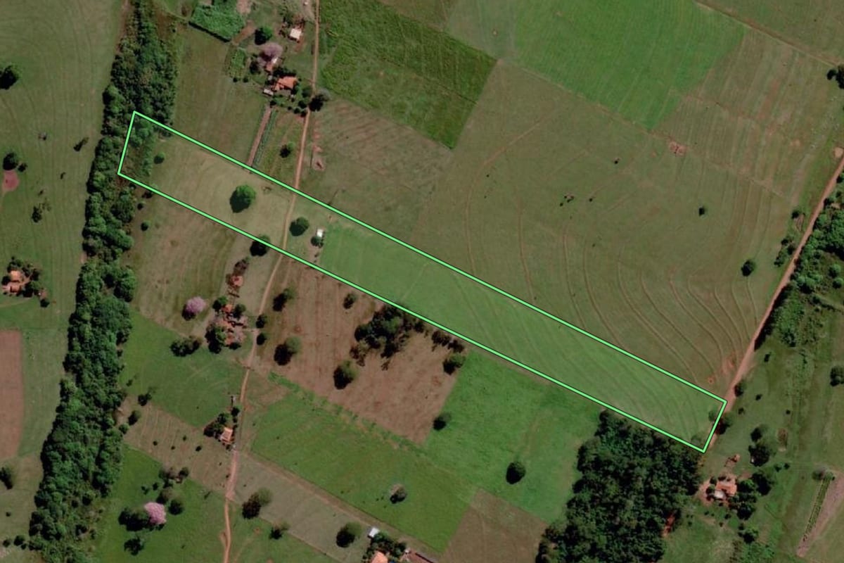 Imagem de satélite do imóvel rural em Três Fronteiras (SP), com o contorno declarado no CAR desenhado por cima.