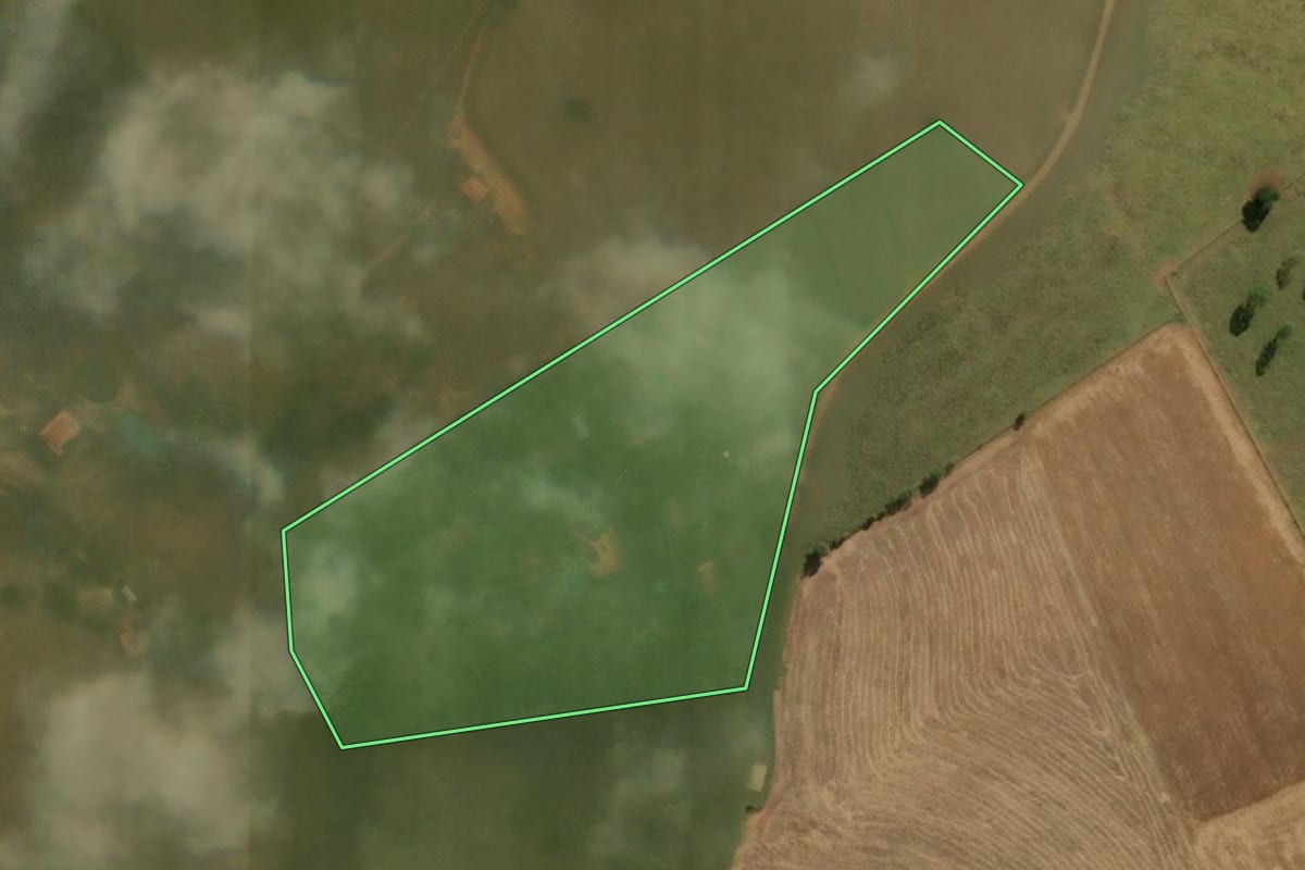 Imagem de satélite do imóvel rural em Tuiuti (SP), com o contorno declarado no CAR desenhado por cima.