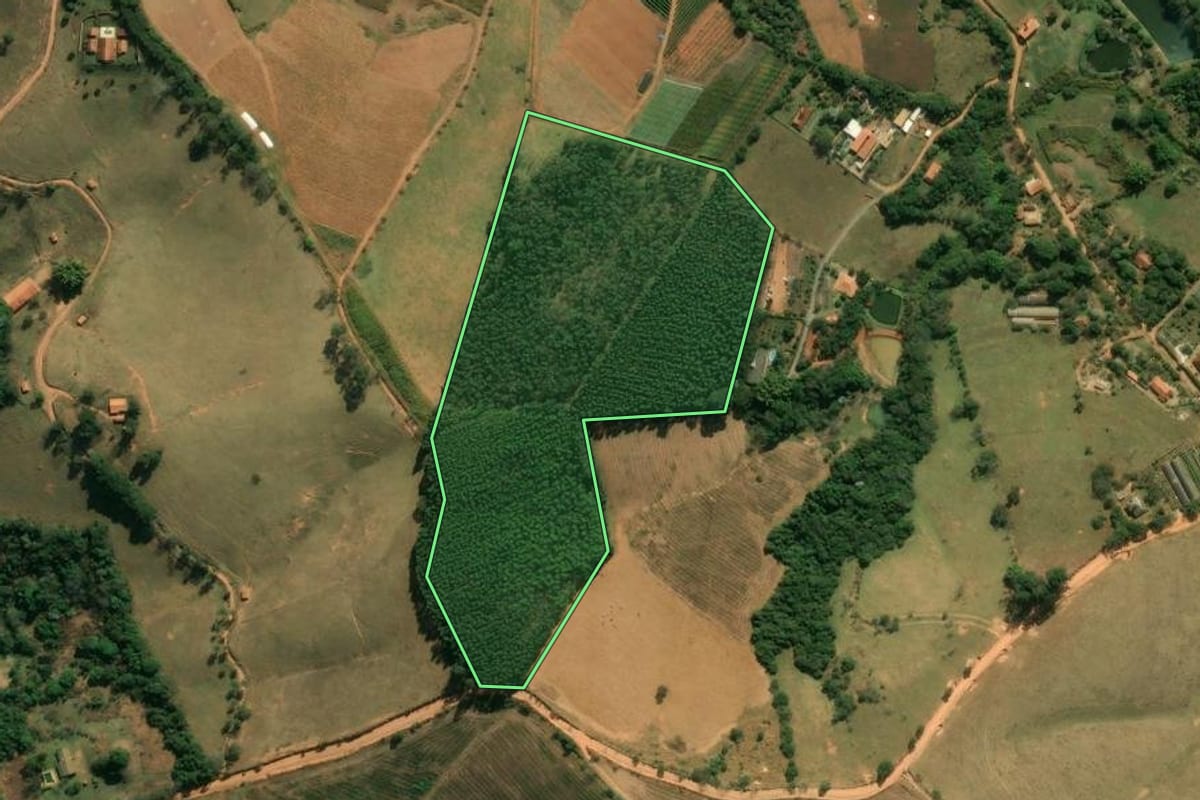 Imagem de satélite do imóvel rural em Tuiuti (SP), com o contorno declarado no CAR desenhado por cima.