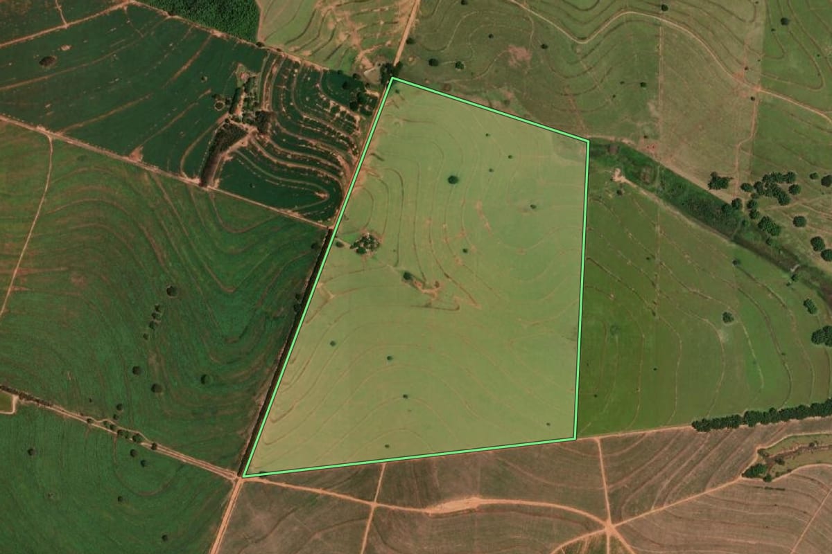 Imagem de satélite do imóvel rural em Tupã (SP), com o contorno declarado no CAR desenhado por cima.