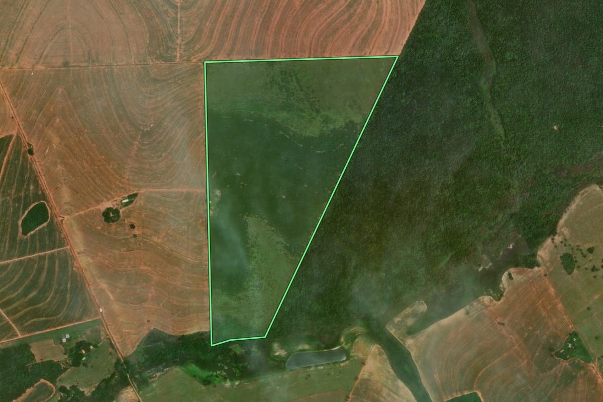 Imagem de satélite do imóvel rural em Tupã (SP), com o contorno declarado no CAR desenhado por cima.