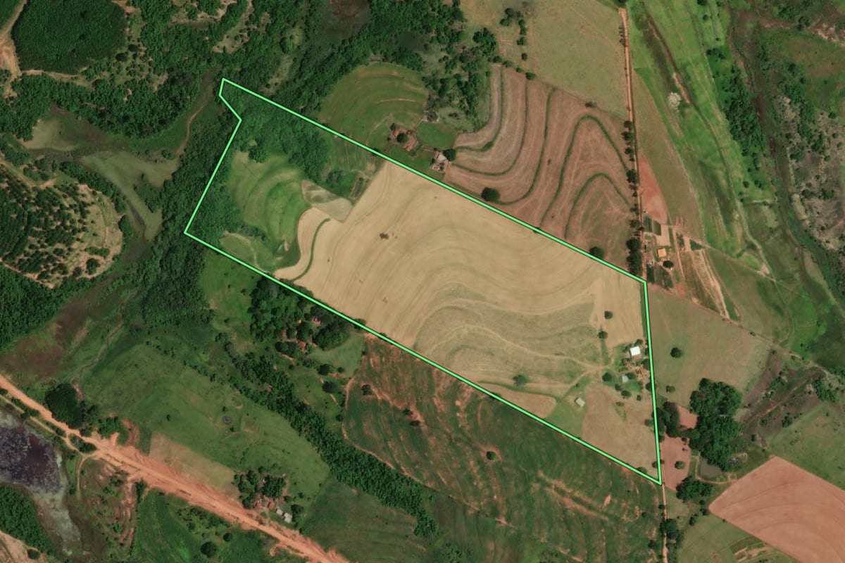 Imagem de satélite do imóvel rural em Tupã (SP), com o contorno declarado no CAR desenhado por cima.