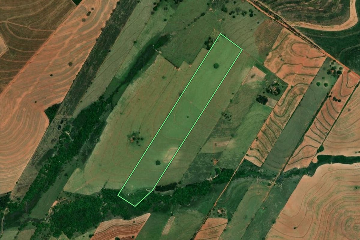 Imagem de satélite do imóvel rural em Tupã (SP), com o contorno declarado no CAR desenhado por cima.