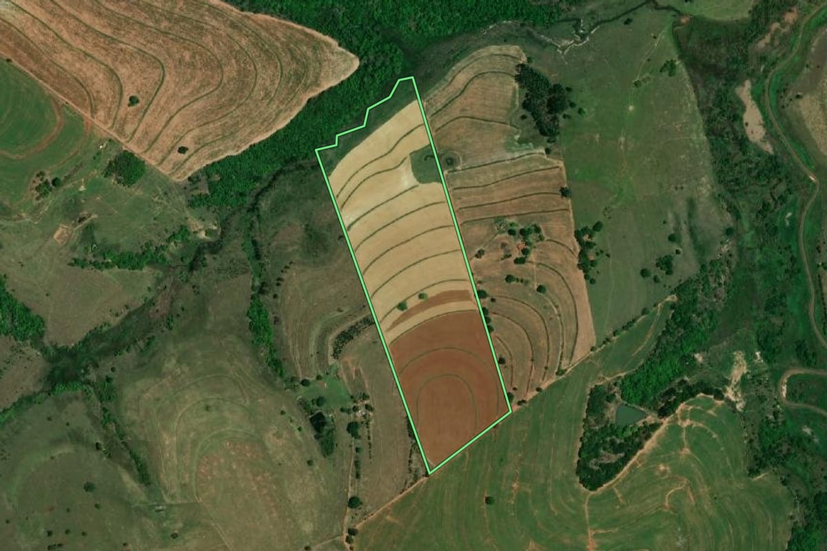 Imagem de satélite do imóvel rural em Tupã (SP), com o contorno declarado no CAR desenhado por cima.