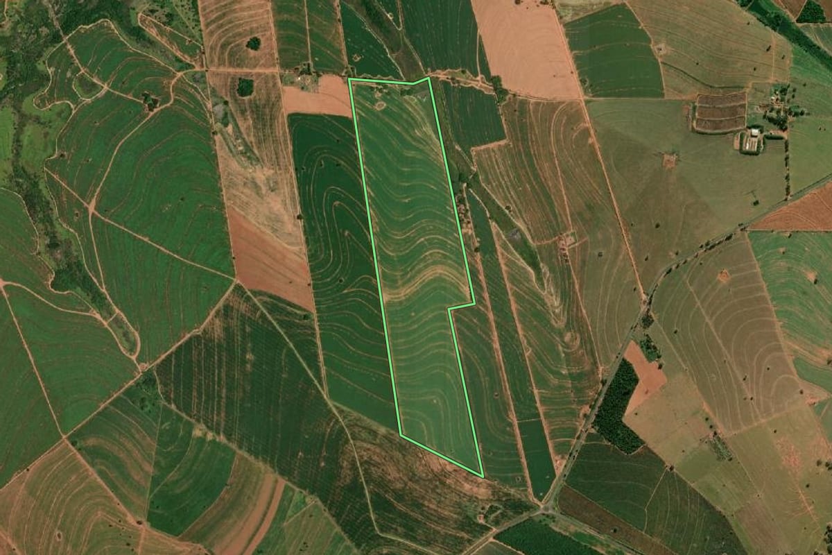 Imagem de satélite do imóvel rural em Tupã (SP), com o contorno declarado no CAR desenhado por cima.