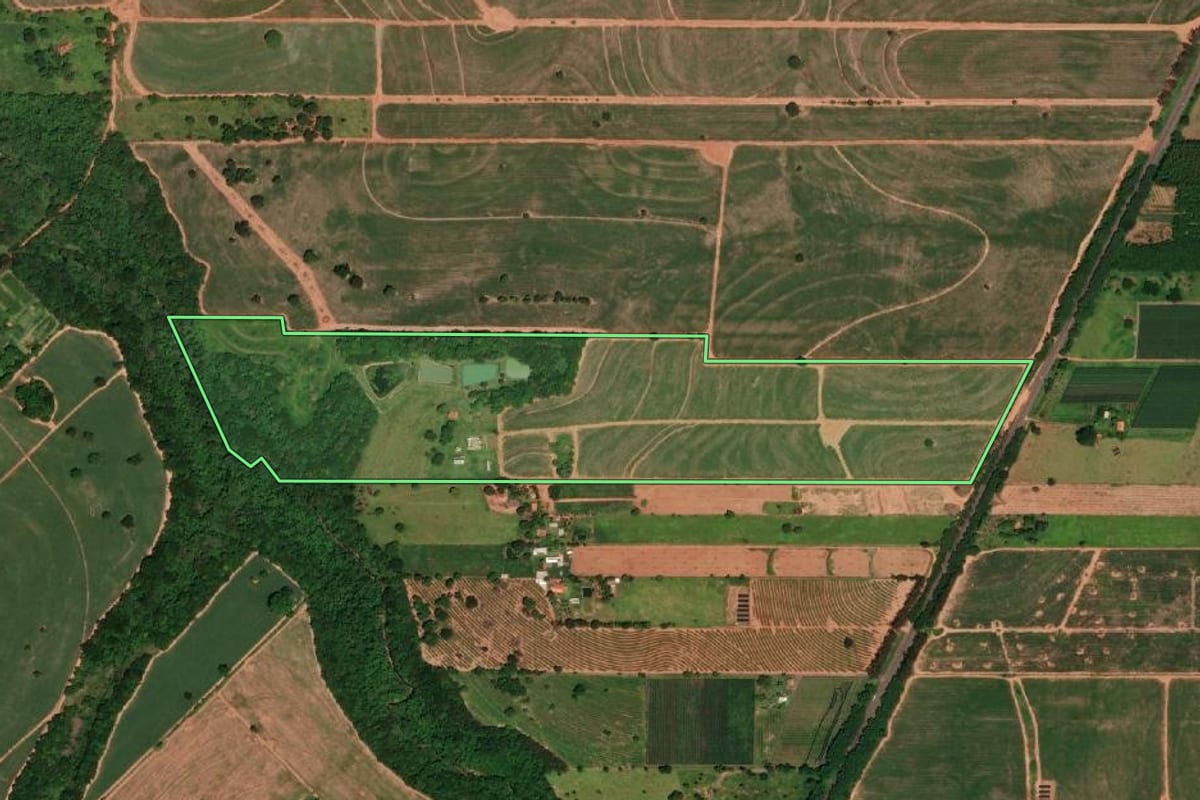 Imagem de satélite do imóvel rural em Tupi Paulista (SP), com o contorno declarado no CAR desenhado por cima.