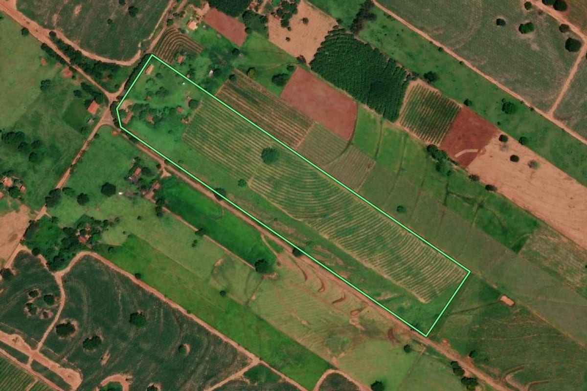 Imagem de satélite do imóvel rural em Tupi Paulista (SP), com o contorno declarado no CAR desenhado por cima.