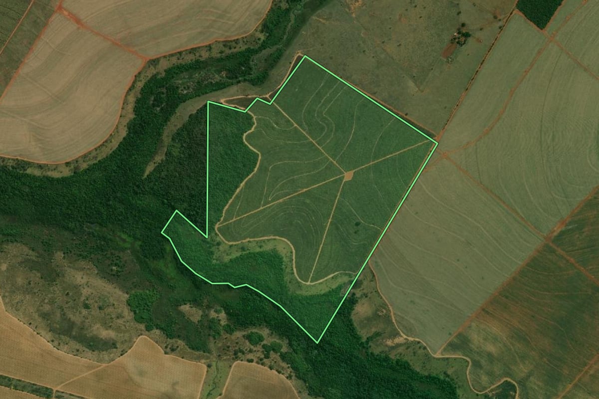 Imagem de satélite do imóvel rural em Tupi Paulista (SP), com o contorno declarado no CAR desenhado por cima.