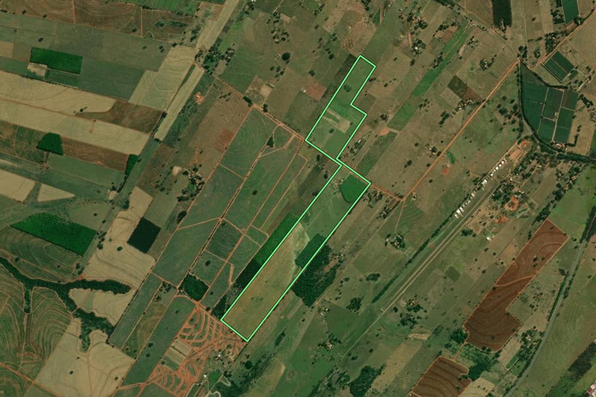 Imagem de satélite do imóvel rural em Tupi Paulista (SP), com o contorno declarado no CAR desenhado por cima.