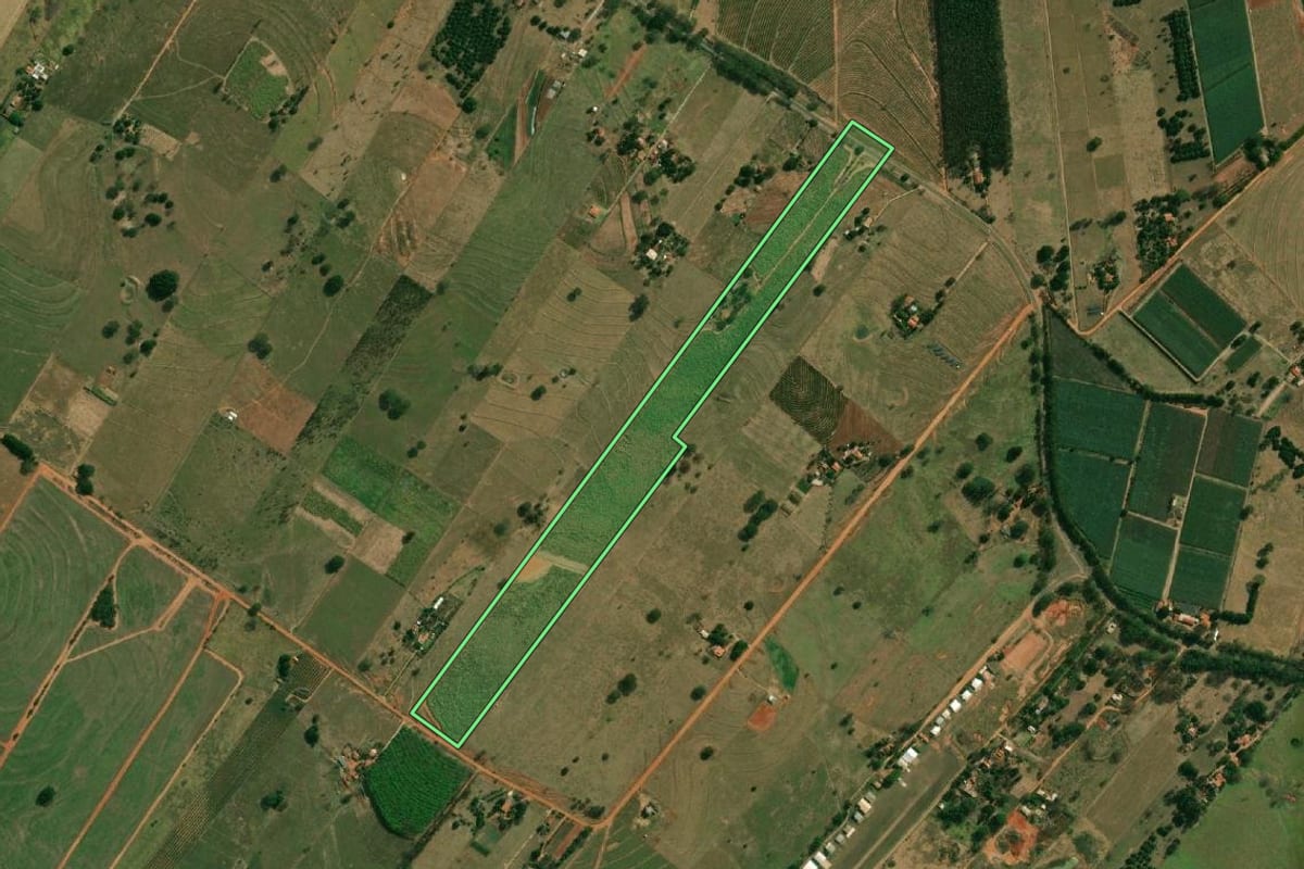Imagem de satélite do imóvel rural em Tupi Paulista (SP), com o contorno declarado no CAR desenhado por cima.
