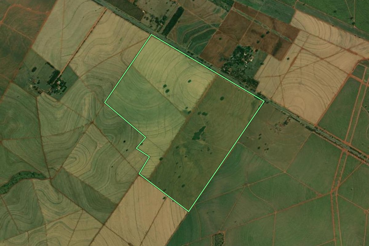 Imagem de satélite do imóvel rural em Tupi Paulista (SP), com o contorno declarado no CAR desenhado por cima.