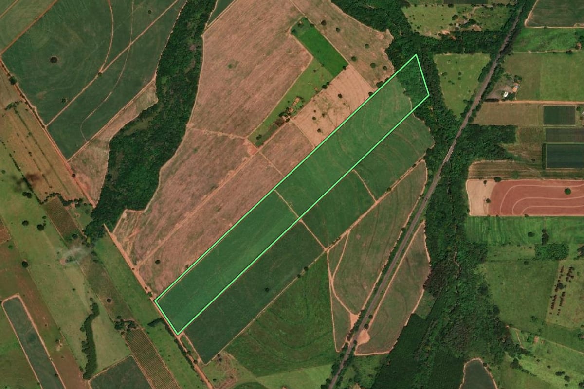 Imagem de satélite do imóvel rural em Tupi Paulista (SP), com o contorno declarado no CAR desenhado por cima.