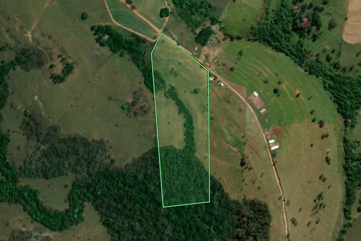 Imagem de satélite do imóvel rural em Turiúba (SP), com o contorno declarado no CAR desenhado por cima.