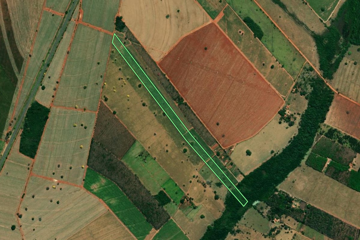 Imagem de satélite do imóvel rural em Turiúba (SP), com o contorno declarado no CAR desenhado por cima.