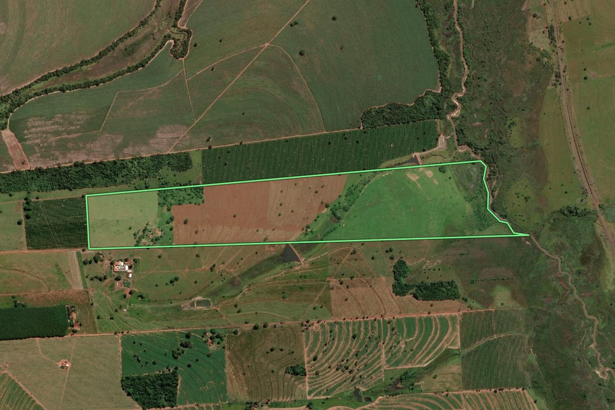 Imagem de satélite do imóvel rural em Turmalina (SP), com o contorno declarado no CAR desenhado por cima.