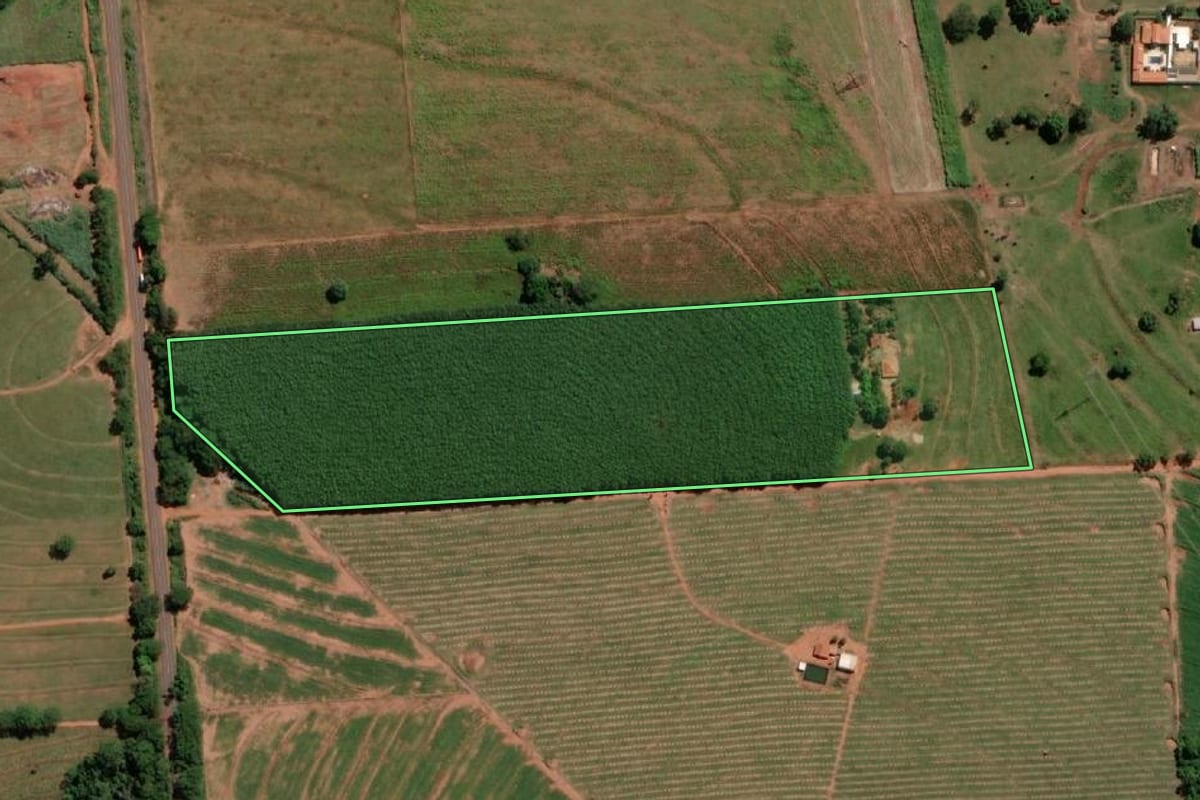 Imagem de satélite do imóvel rural em Turmalina (SP), com o contorno declarado no CAR desenhado por cima.