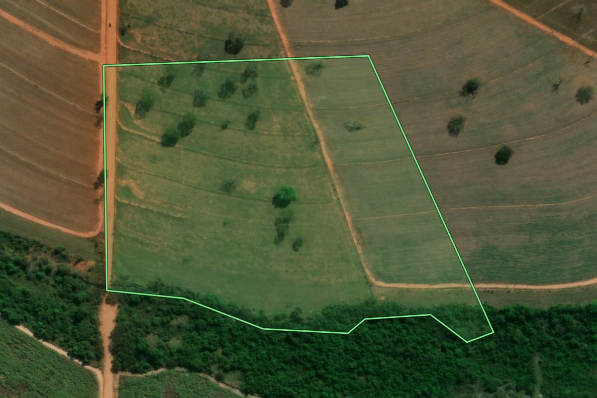 Imagem de satélite do imóvel rural em Ubarana (SP), com o contorno declarado no CAR desenhado por cima.