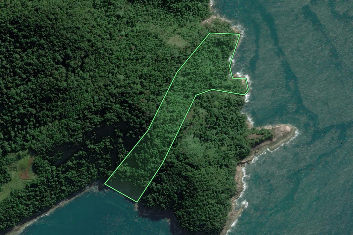 Imagem de satélite do imóvel rural em Ubatuba (SP), com o contorno declarado no CAR desenhado por cima.