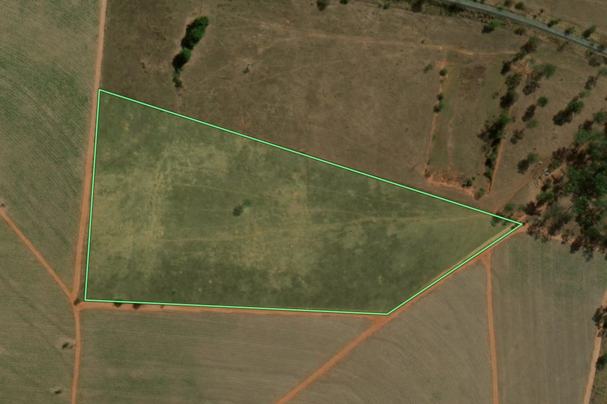 Imagem de satélite do imóvel rural em Uchoa (SP), com o contorno declarado no CAR desenhado por cima.