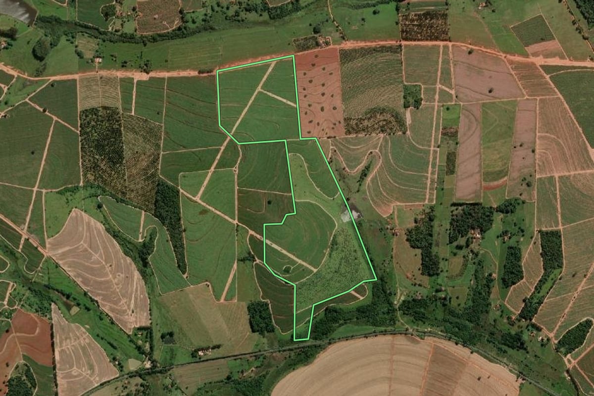 Imagem de satélite do imóvel rural em Uchoa (SP), com o contorno declarado no CAR desenhado por cima.