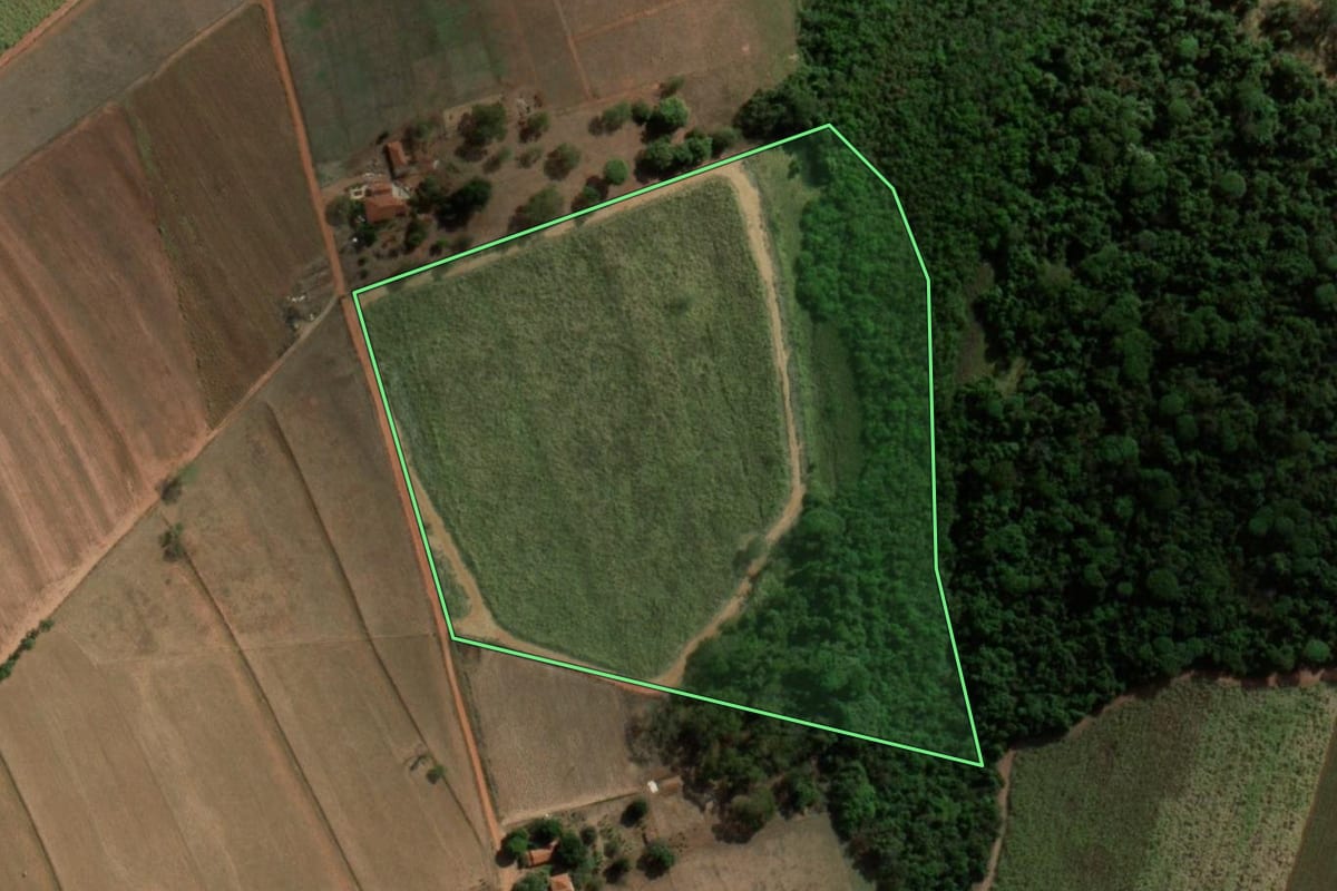 Imagem de satélite do imóvel rural em Uchoa (SP), com o contorno declarado no CAR desenhado por cima.