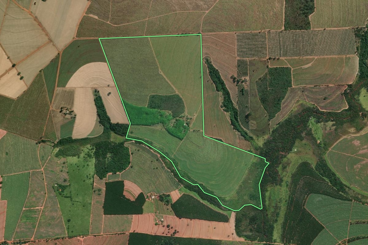 Imagem de satélite do imóvel rural em Uchoa (SP), com o contorno declarado no CAR desenhado por cima.
