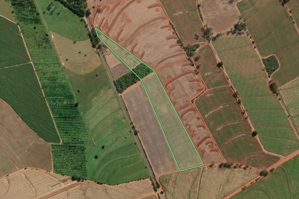 Imagem de satélite do imóvel rural em Uchoa (SP), com o contorno declarado no CAR desenhado por cima.