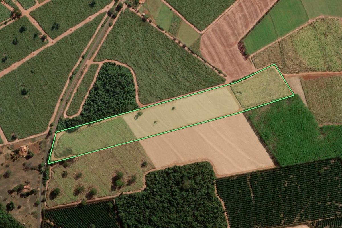 Imagem de satélite do imóvel rural em Uchoa (SP), com o contorno declarado no CAR desenhado por cima.