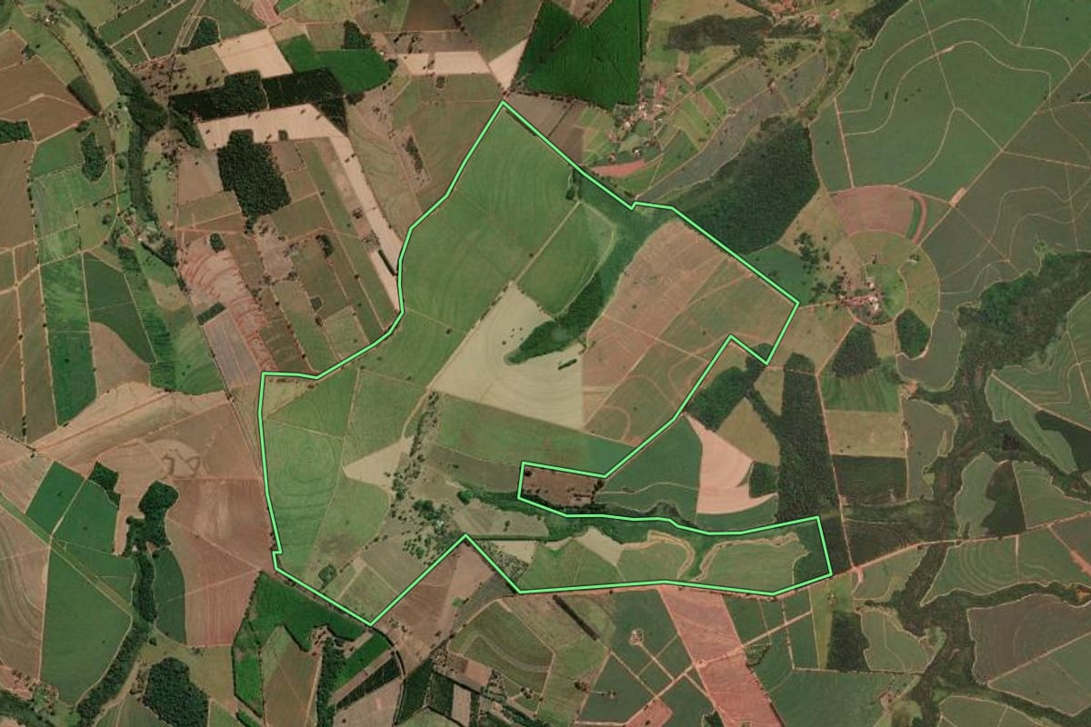 Imagem de satélite do imóvel rural em Uchoa (SP), com o contorno declarado no CAR desenhado por cima.