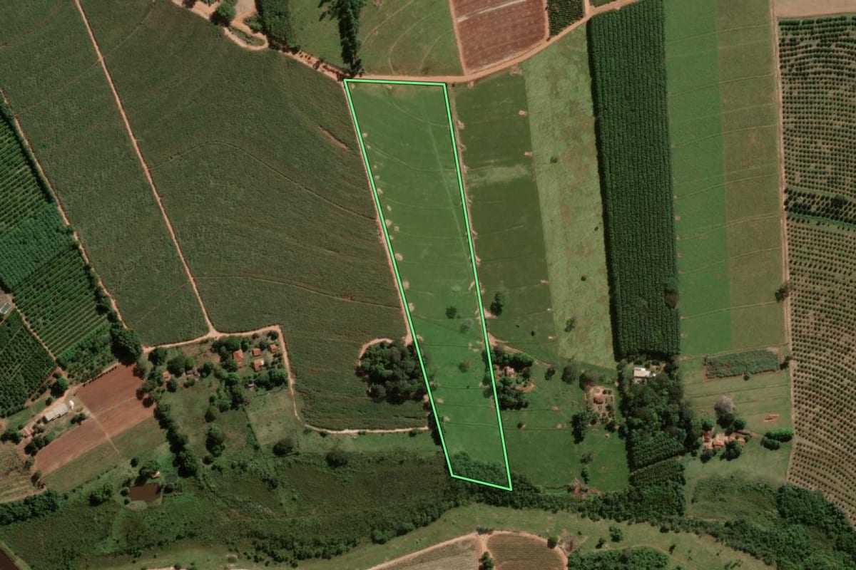Imagem de satélite do imóvel rural em Uchoa (SP), com o contorno declarado no CAR desenhado por cima.