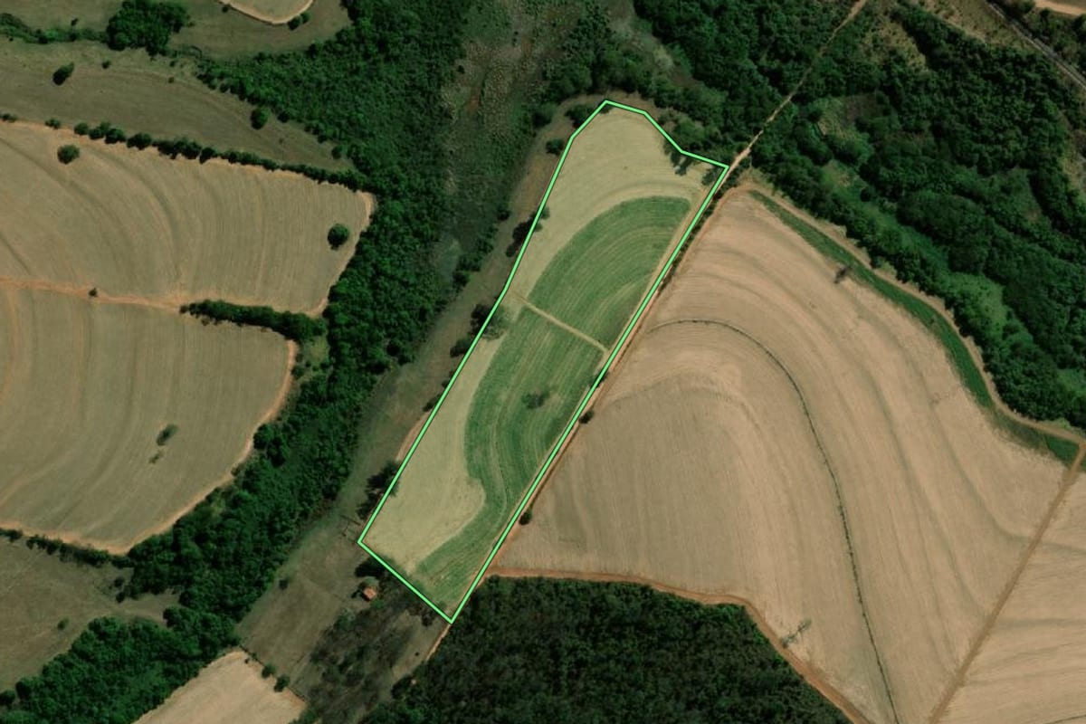 Imagem de satélite do imóvel rural em Uchoa (SP), com o contorno declarado no CAR desenhado por cima.