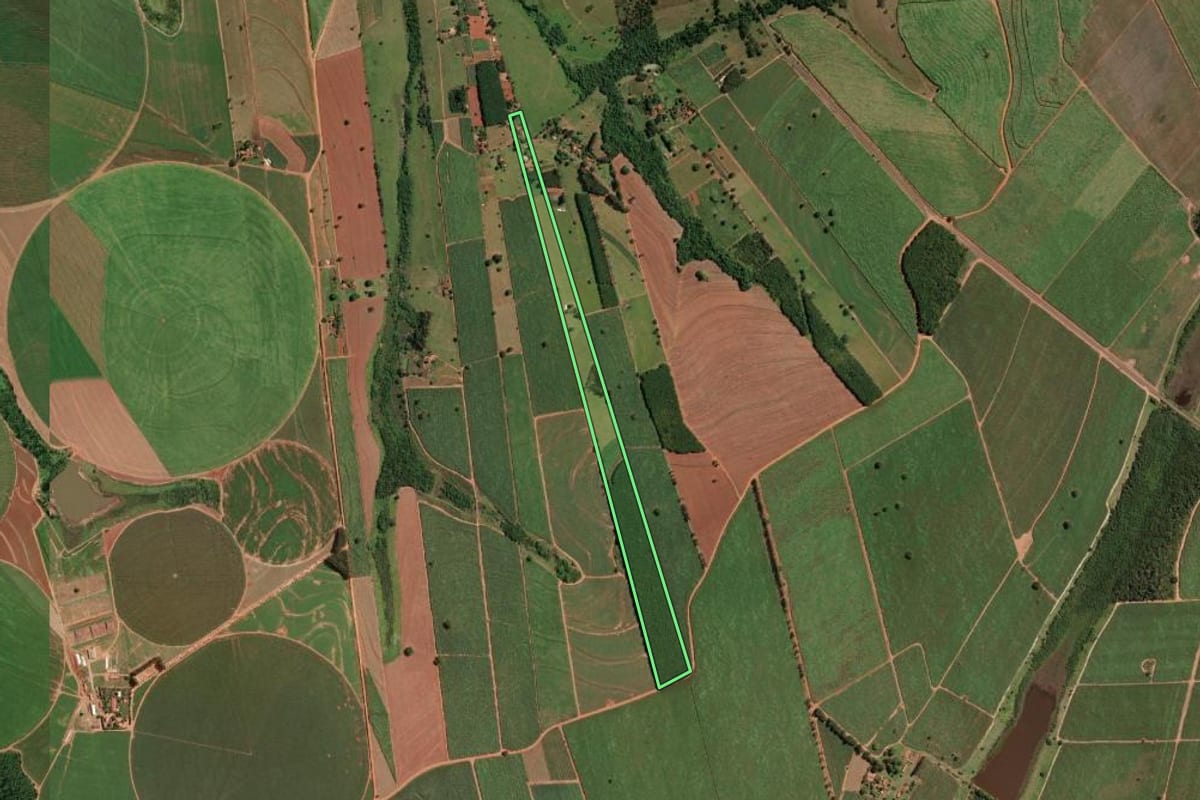 Imagem de satélite do imóvel rural em União Paulista (SP), com o contorno declarado no CAR desenhado por cima.