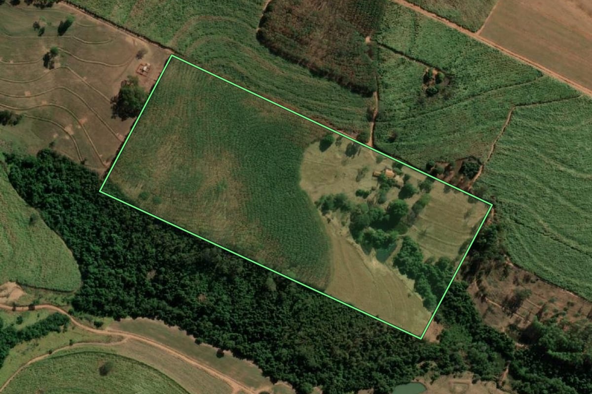 Imagem de satélite do imóvel rural em União Paulista (SP), com o contorno declarado no CAR desenhado por cima.