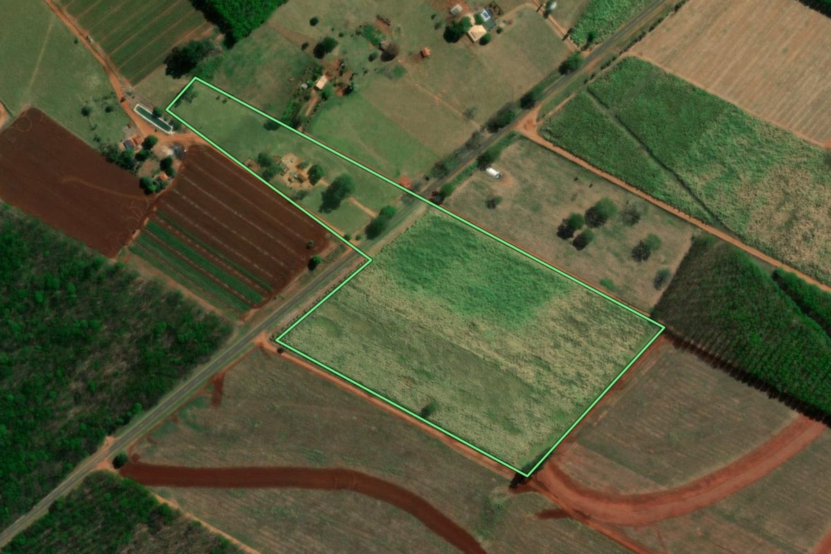 Imagem de satélite do imóvel rural em União Paulista (SP), com o contorno declarado no CAR desenhado por cima.