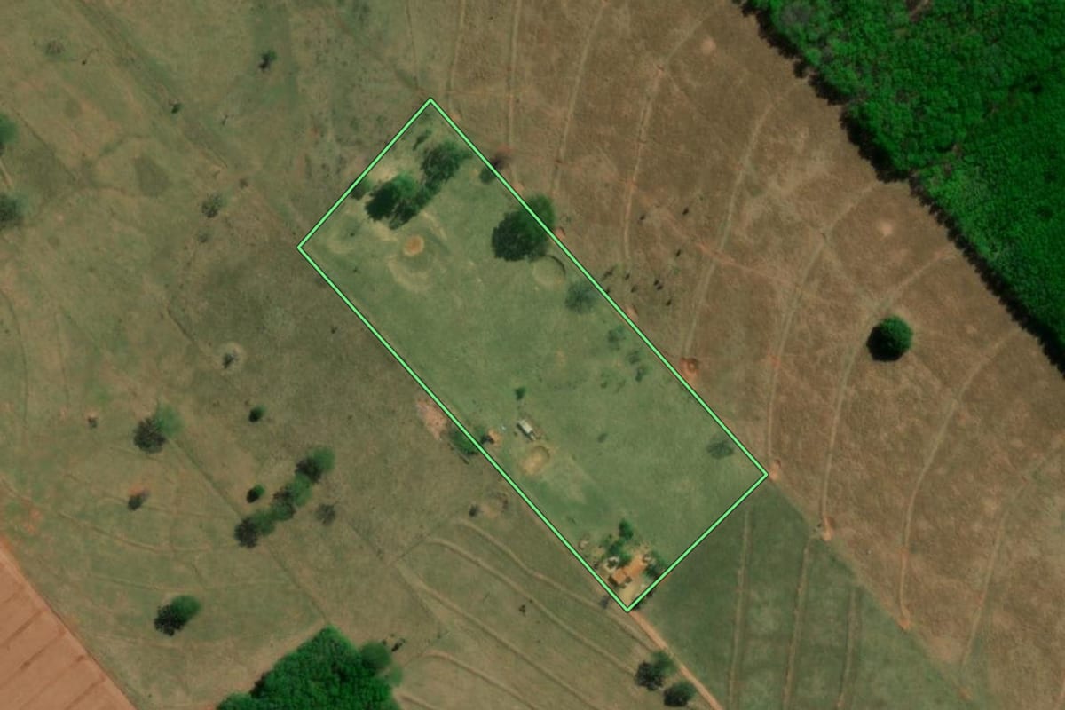 Imagem de satélite do imóvel rural em União Paulista (SP), com o contorno declarado no CAR desenhado por cima.