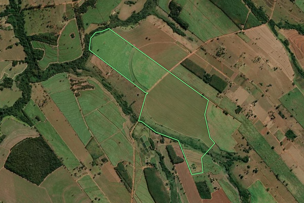 Imagem de satélite do imóvel rural em União Paulista (SP), com o contorno declarado no CAR desenhado por cima.