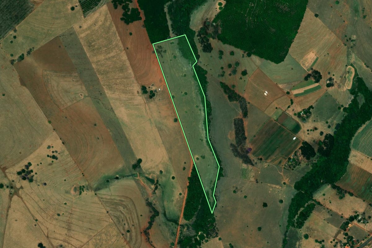 Imagem de satélite do imóvel rural em Urânia (SP), com o contorno declarado no CAR desenhado por cima.