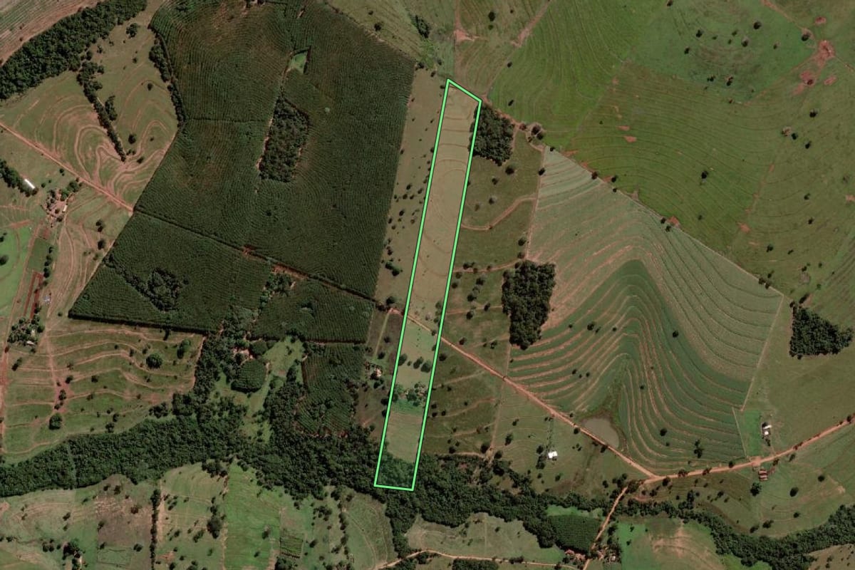Imagem de satélite do imóvel rural em Urânia (SP), com o contorno declarado no CAR desenhado por cima.