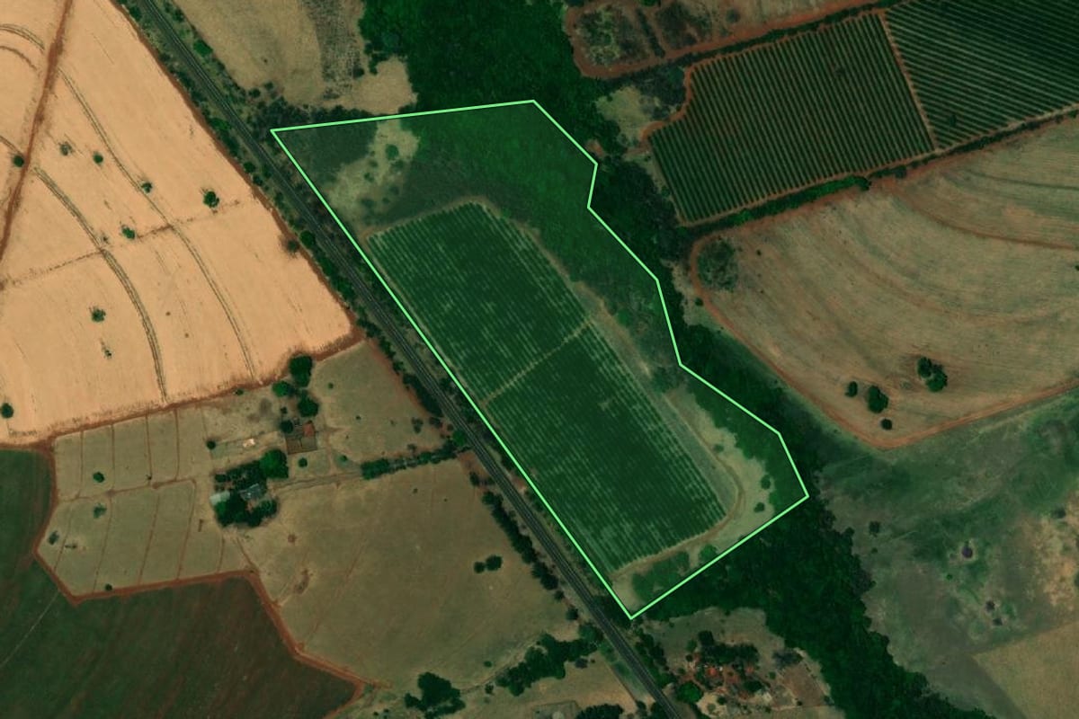 Imagem de satélite do imóvel rural em Urânia (SP), com o contorno declarado no CAR desenhado por cima.