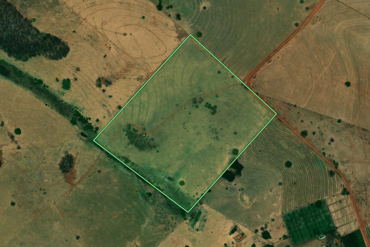 Imagem de satélite do imóvel rural em Urânia (SP), com o contorno declarado no CAR desenhado por cima.